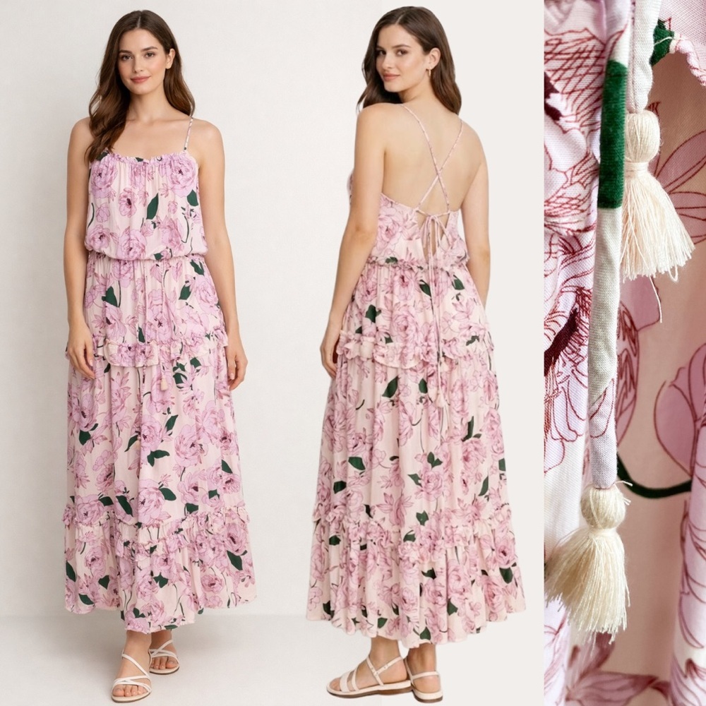 Lost + Wander Blush Pink Floral Maxi Dress Tiered Ruffle Crisscross Sleeveless L